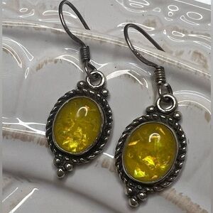 Vintage Sterling Silver Yellow Opal-Like Foil Glass Oval Dangle Earrings
